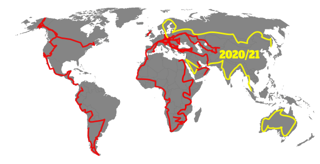 mapa miejsc odwiedzonych przez Martę i Łukasza oraz planowanej na 2020 i 2021 rok trasy...