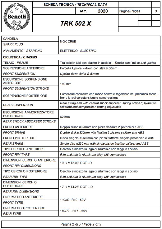 Benelli TRK 502 X 2020 dane techniczne