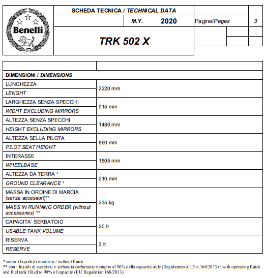 Benelli TRK 502 X 2020 dane techniczne