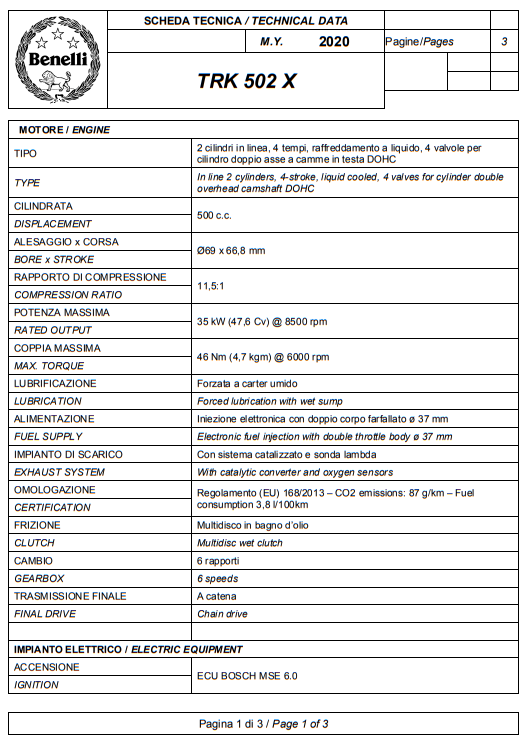 Benelli TRK 502 X 2020 dane techniczne