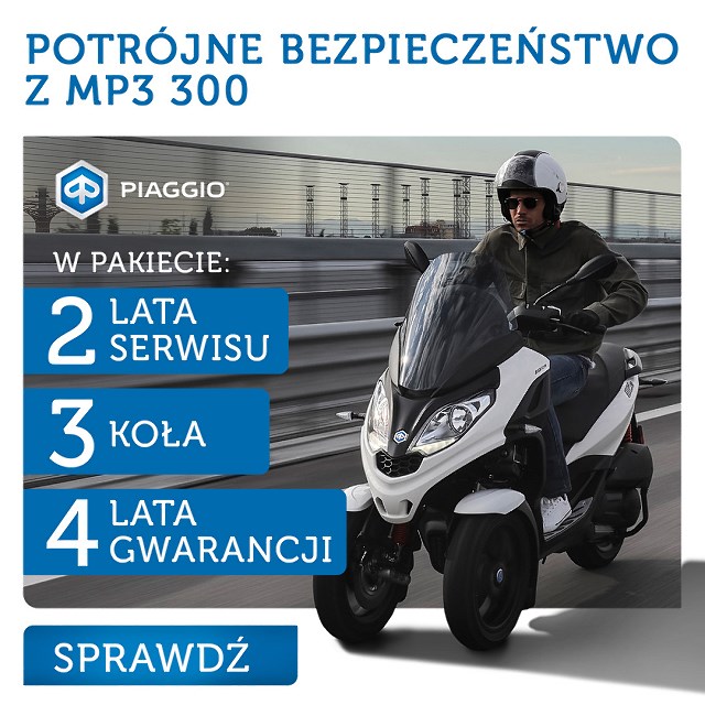 Piaggio MP3&nbsp;300, dostępne na kat. B, teraz w pakiecie z 2-letnim serwisem i przedłużoną do 4 lat gwarancją!