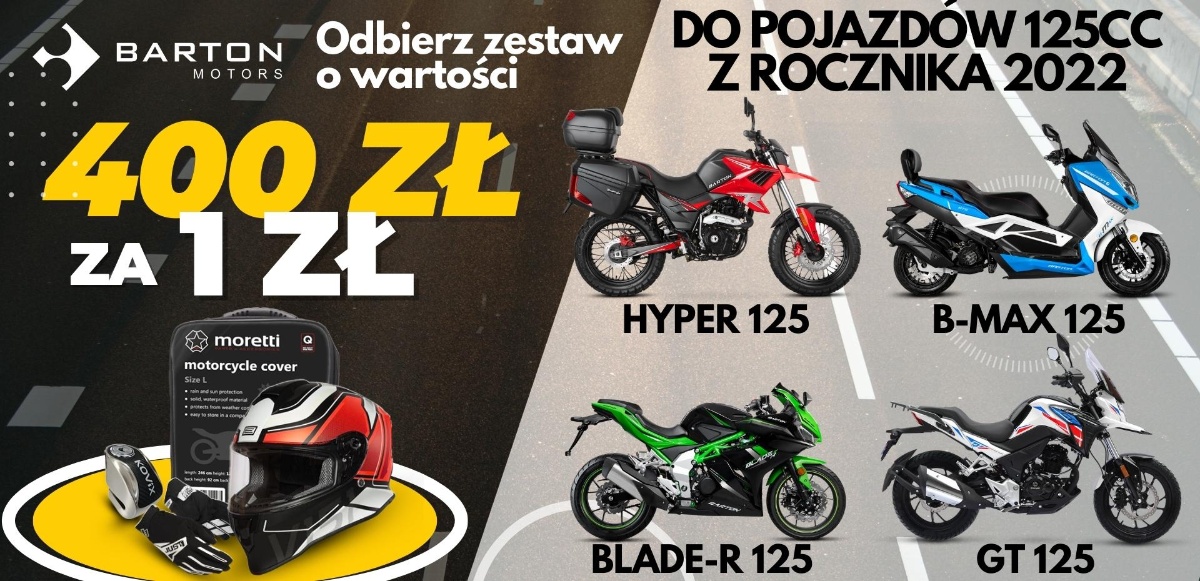 Promocja Bartona &ndash; 400 zł na akcesoria do motocykli i skuter&oacute;w 125 z rocznika 2022 [kaski, rękawice, pokrowce, zabezpieczenia]
