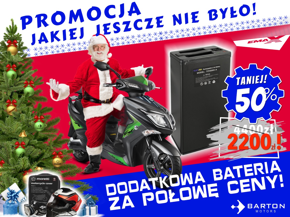 Ostatnie dni świątecznych promocji na pojazdy Barton Motors. Teraz dodatkowa bateria skutera E-max One Li-ion za p&oacute;ł ceny!