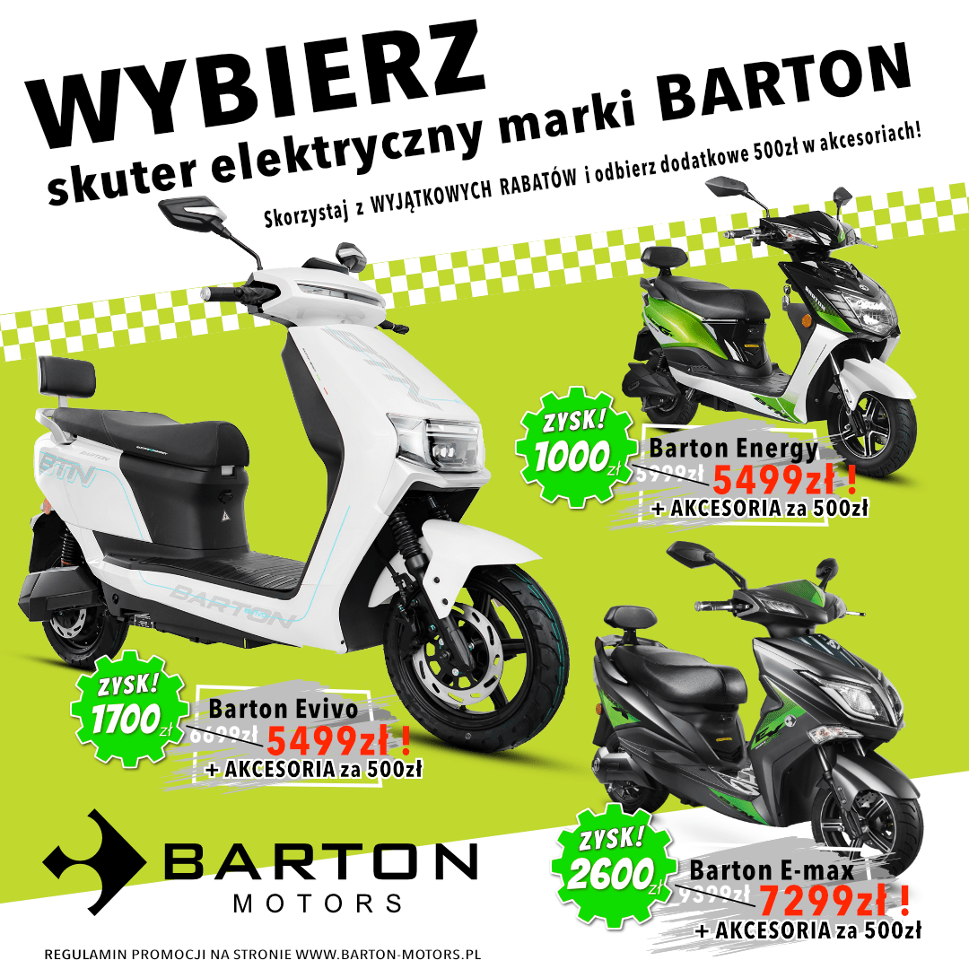 Niższa cena i akcesoria za 500 zł. Kup skuter elektryczny Barton Motors i zyskaj podw&oacute;jnie!