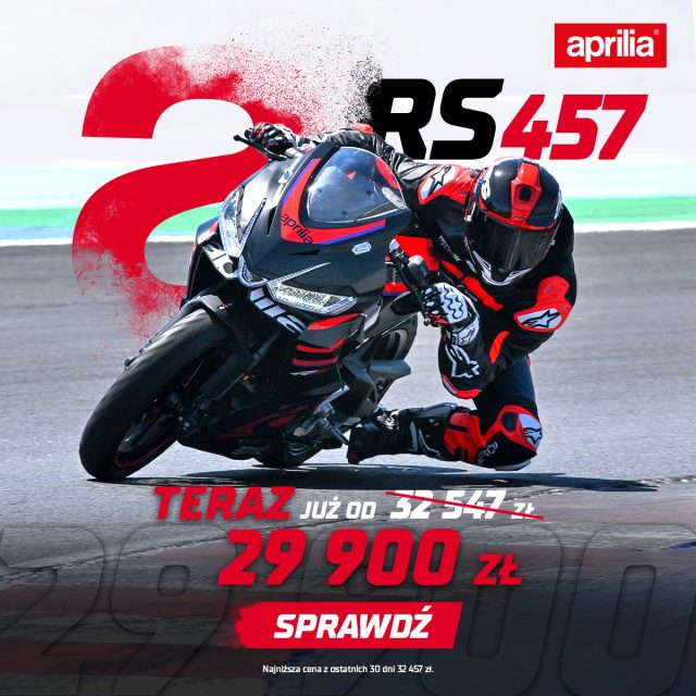 Jesień się zbliża, a z nią nadchodzi mega promocja w salonach Aprilii! Teraz RS 457, RSV4 i Tuareg w świetnych cenach!