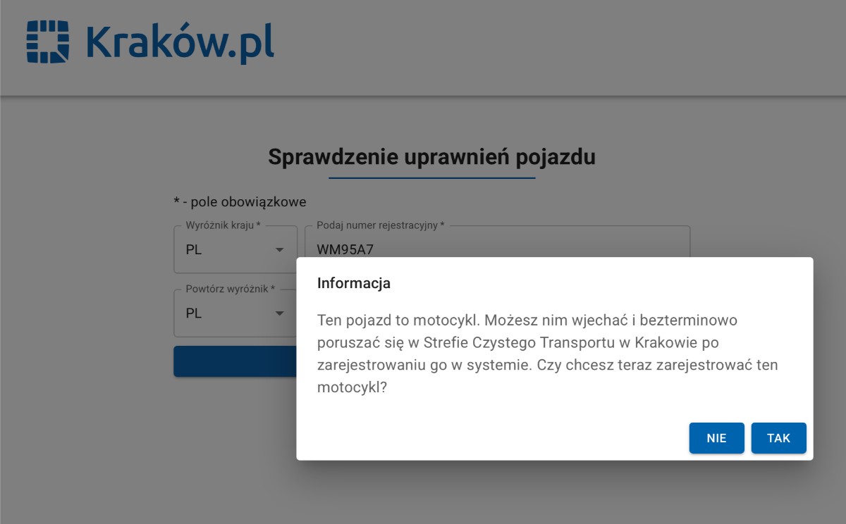 SCT Krakow rejestracja motocykla w systemie 1