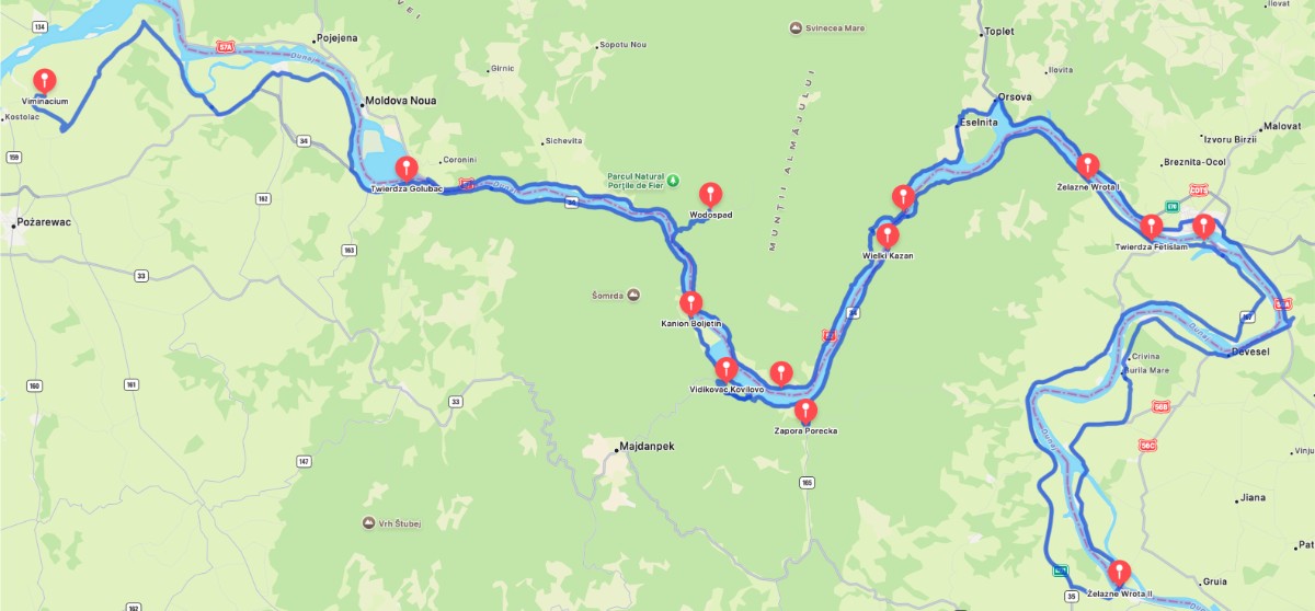 Zelazne Wrota Dunaj Serbia Rumunia GPX mapka